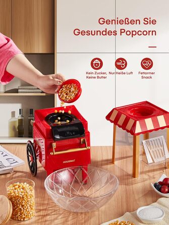 Машина для приготування попкорну HOUSNAT Гаряче повітря - Ретро маленька машина для приготування попкорну - Знежирена безолійна та здорова закуска Mas - Машина для приготування попкорну 1200 Вт для дому - Ніч кіно та Різдво - Червоний