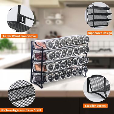 Рівнева підставка для спецій, настінна та настінна, 28 порожніх органайзерів для спецій зі стійкою та 432 етикетками для спецій, підставка для спецій, не потребує свердління для кухні, шафи, комори, 4-