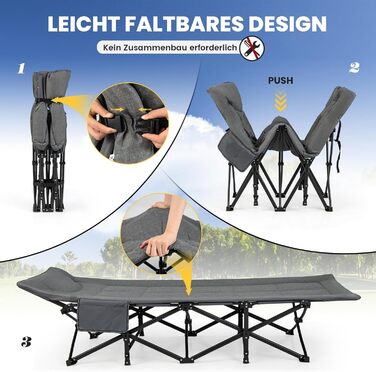 Розкладне ліжечко COSTWAY зі зручним бавовняним наповнювачем інтегрована подушка та матрац, розкладне кемпінгове ліжко, вантажопідйомність до 200 кг, розкладне ліжко з бічною кишенею, кемпінговий шезлонг з сумкою для перенесення, гостьове ліжко сірого кол
