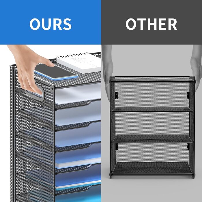 Настільний органайзер OUTWOLF з ручкою, 8-ярусний лоток для листів, міцні металеві лотки, офісне приладдя для документів формату A4, паперу, книг, журналів (чорний)