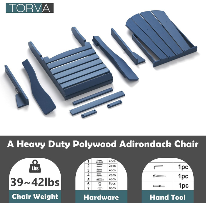 Стілець TORVA Adirondack з переробленого пластику, HDPE, розбірний, відкритий, крісла для патіо, крісло для газону, стійкий до погодних умов, стілець Adirondack, темно-синій