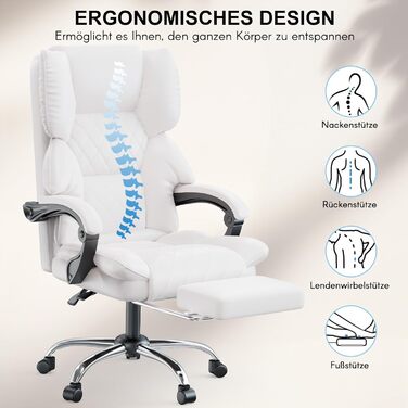 Офісне крісло naspaluro з підставкою для ніг, ергономічне робоче крісло, комп&39ютерне крісло зі штучної шкіри з м&39якими підлокітниками та м&39яким підголівником, функція нахилу, поворотне крісло з регулюванням висоти, білий колір, без підігріву