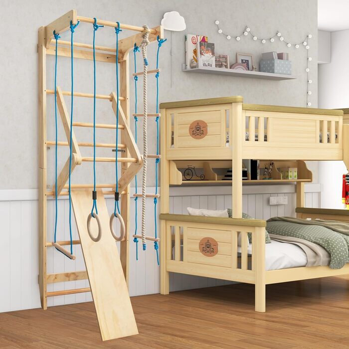 Скалодром COSTWAY, для дітей та дорослих, дерев&39яна гімнастична стінка, лазілка для приміщень, вкл. турнік/кільця/трапецію/мотузкові сходи/канат, вантажопідйомність до 100 кг, 220 x 80 x 60 см