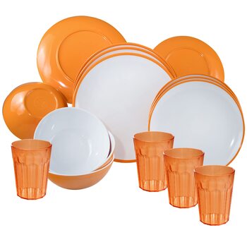 Набір посуду для кемпінгу з меламіну та скла для 4 осіб - 16 предметів - кемпінговий посуд - жовтий та білий - зі склянками об&39ємом 450 мл - склянки - набір посуду з 16 предметів - тарілки склянки, помаранчевий, 450 мл