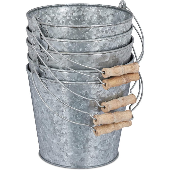 Набір із 5 цинкових горщиків Relaxdays, горщик для трав для кухні, балкону та саду, відро для квітів з оцинкованого металу з ручкою, сріблястий