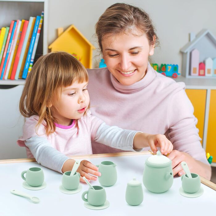 Дитячий набір для чаювання Веселий чайний вечір, силіконовий посуд для ігрової кухні, 15 предметів. Розвиваючий ігровий набір для дівчаток та хлопчиків, сприяє фантазії та навчанню, чудовий подарунок для дітей від 3 до 5 років, зелений колір.