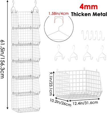 Металева підвісна полиця, 6 ярусів, штабелюваний органайзер для шафи, міцна та компактна підвісна полиця, ідеально підходить для студентських гуртожитків та кемперів, білий колір