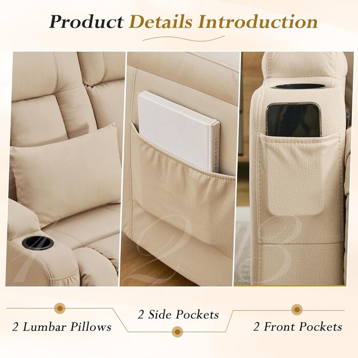 Двомісний диван з функцією сну, крісло-рекордер для телевізора з функцією відкидання спинки, сидіння для домашнього кінотеатру з консоллю, підсклянник, шухляда, розетка, бежевий