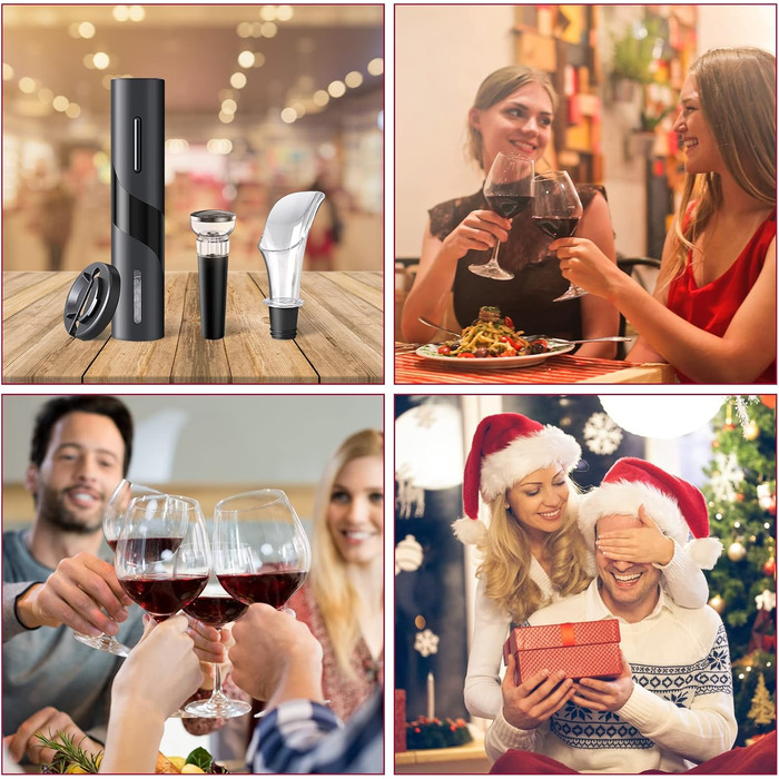 Електричний набір відкривачів для винних пляшок, акумуляторний електричний штопор, автоматичний відкривач для вина Відкривачка для пляшок з різаком для фольги, вакуумна пробка та наливник вина для сімей, вечірок (чорний) автоматичний 4-в-1 чорний