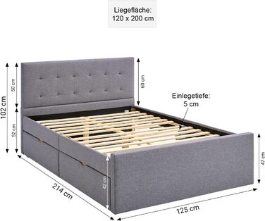 Ліжко Homestyle4u 120x200 з ящиком для зберігання, рейкова основа, м&39яке ліжко, сіра тканина, двоспальне ліжко, каркас ліжка, 2 шухляди Артикул 1979 120 x 200 см