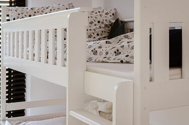 Дитяче колективне ліжко-горище 90x200 з 3 матрацами, висувне двоярусне ліжко з функцією висуву, дві шухляди, рейкова основа, захисні поручні, трансформується в ТРИ односпальні ліжка, масив дерева Білий 90x200 см 3 матраци білий - Стиль 2