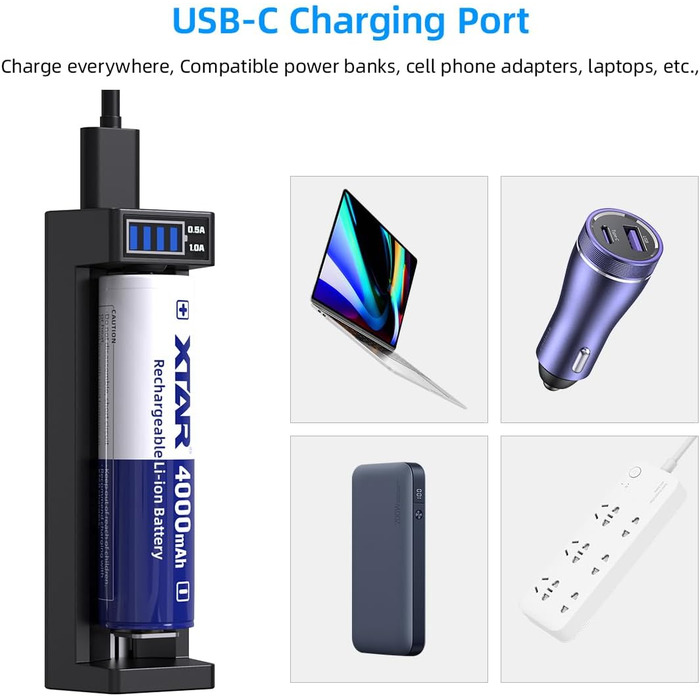 Зарядний пристрій XTAR MC1 Plus USB-C для літій-іонних акумуляторів 18650, 21700, 26650, 14500, 18350 - розумний зарядний пристрій 0,5A/1A з РК-дисплеєм, активацією 0V, відновленням після перерозряду, швидкою зарядкою через USB-C