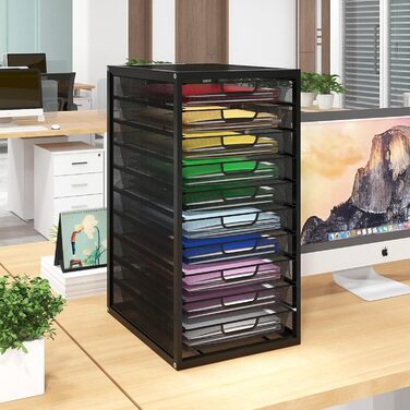 Коробка PUNCIA з шухлядами та 10 шухлядами, лоток для листів A4, лоток для документів з шухлядами, відділення для зберігання, металевий сортувальник паперу, органайзер для документів та паперу, офісний/стіл, чорний, 40,5 x 31,5 x 55 см