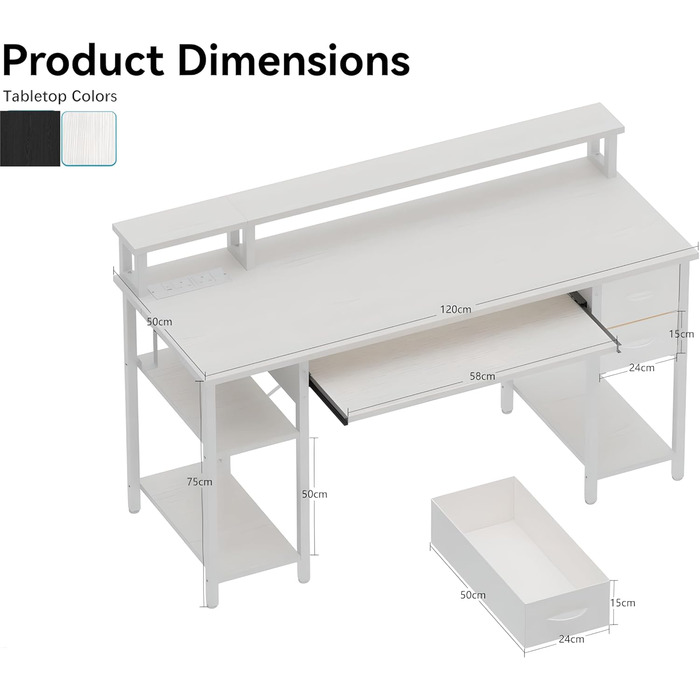 Письмовий стіл з 2 шухлядами, 120 x 50 см, комп&39ютерний/ігровий стіл з підставкою для клавіатури, регульованою по висоті бічною полицею, підставкою для монітора та розеткою для домашнього офісу та вітальні, білий, 120 x 50 см