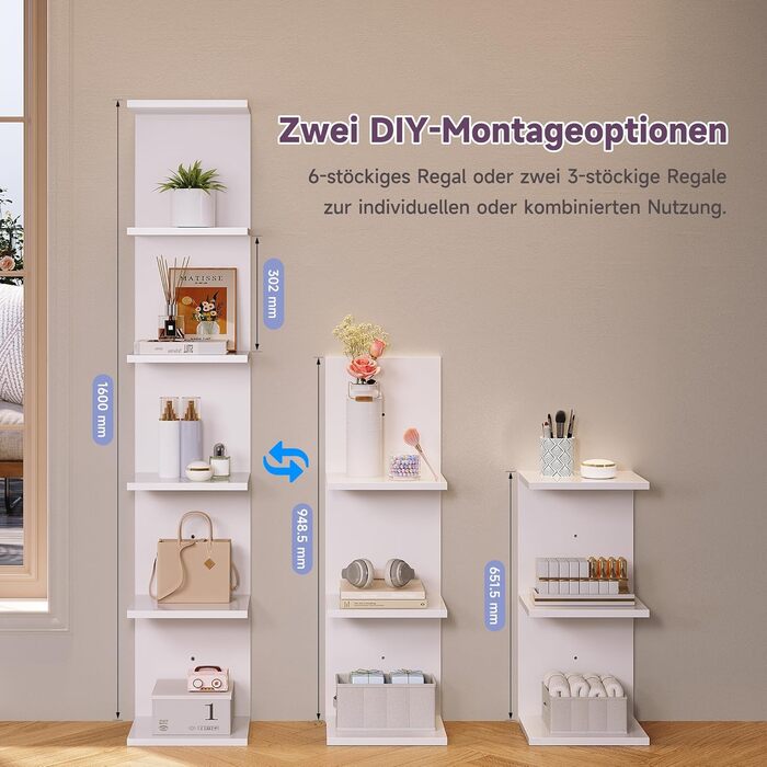 Книжкові полиці SONNI, настінна полиця, 6 полиць, які можна використовувати як настінну або окремостоячу полицю, полиця для книг, журналів, декору, окремостояча полиця в індустріальному стилі для вітальні, кухні, домашнього офісу, біла, 30x24,8x160 см. Бі