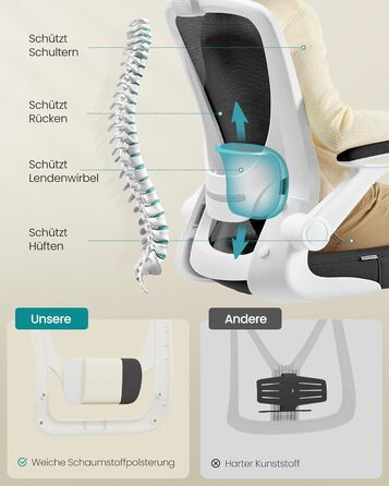 Ергономічне офісне крісло SONGMICS, обертове крісло з сіткою, поперекова підтримка, функція гойдання, розмір сидіння 53 см, складні підлокітники, для роботи та спальні, для студентів, чорно-біле OBN37WT чорний білий без підголівника