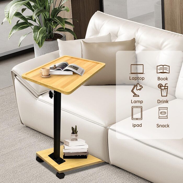 С-подібний журнальний столик, бамбук та метал, сучасний, регульований по висоті з колесами невеликий журнальний столик, тумбочка для ліжка, столик для дивана, тумбочка, туалетний столик для вітальні, спальні, ванної кімнати