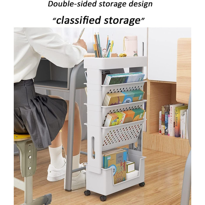 Мобільна книжкова полиця для класу біля столу, 5-ярусний візок на колесах, органайзер для столу, підставка для книг та журналів, вузький візок для зберігання речей у домашній бібліотеці