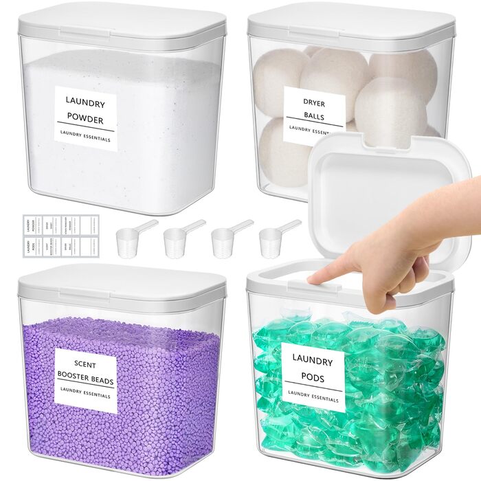 Контейнери для прального порошку Lifewit, 4 шт., 2700 мл/0,72 галона, з етикетками та ложками, коробка для зберігання прального порошку із застібкою-кнопкою, коробка для миючого засобу, контейнер для зберігання прального порошку з підсилювачем перлового а