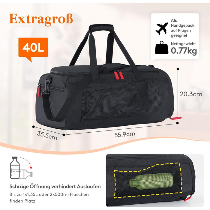 Чоловіча спортивна сумка Lifewit 40L, дорожній рюкзак з відділенням для взуття та вологим відділенням, спортивна сумка, водонепроникна тренувальна сумка для ручної поклажі під час польотів, спорт, фітнес, подорожі, чорний