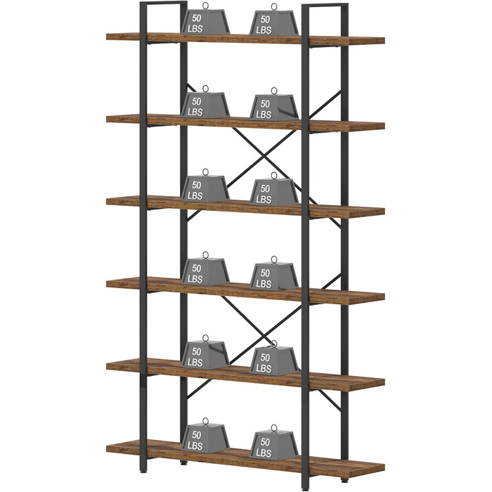 Дерев&39яна книжкова полиця HSH, 6-ярусна окремостояча полиця, промисловий дизайн офісної полиці, відкриті полиці для вітальні, офісу, спальні, кухні, рустикальний коричневий колір, 120 x 32 x 216 см, 6 ярусів