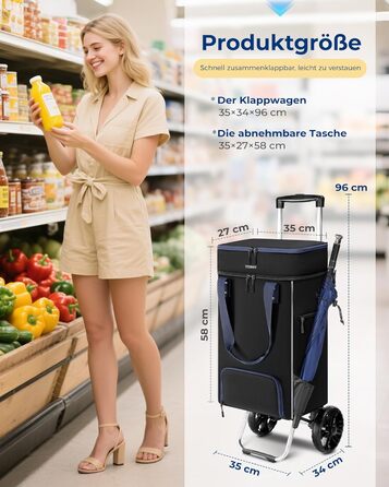 Складний візок для покупок Ytonet з термосумкою, великий водонепроникний візок на міцній основі (55 літрів / 68 кг), 3-в-1 візок-трансформер, сумка-візок та ручна сумка з великими колесами, чорний