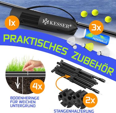 Сітка для бадмінтону KESSER, сітка для тенісу Сітка для волана з регулюванням висоти у 3 напрямках 107/120/155 см, комплект включає сітку, 3 волани та 3 тенісні м&39ячі, сумку для перенесення, міцну залізну раму, для використання в приміщенні та на вулиці