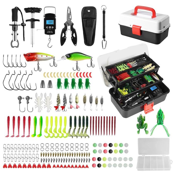 Набір рибальських снастей із 213 предметів, включаючи затискачі для губ, рибальські луски, знімач гачків, гачки, рибальські приманки тощо, набір снастей для лову окуня та форелі, 3-поличний ящик для снастей з аксесуарами для дітей, дорослих та початківців