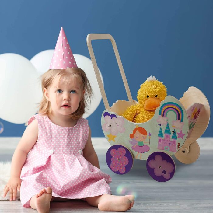 Коляска для ляльки принцеси з дерева, Коляска для ляльок до 35 см, Ідеальна іграшка для рольових ігор для маленьких мам і тат, Іде