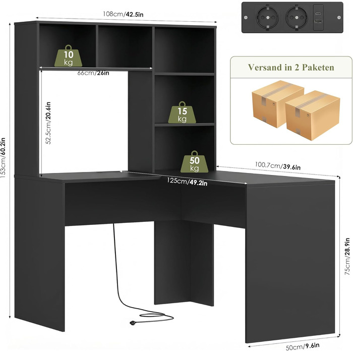 Кутовий письмовий стіл FirFurd з подовжувачем, L-подібний комп&39ютерний стіл з книжковою полицею, стіл для ПК/ноутбука для офісу, кабінету, вітальні, домашнього офісу, чорний, 153 x 125 x 108 см