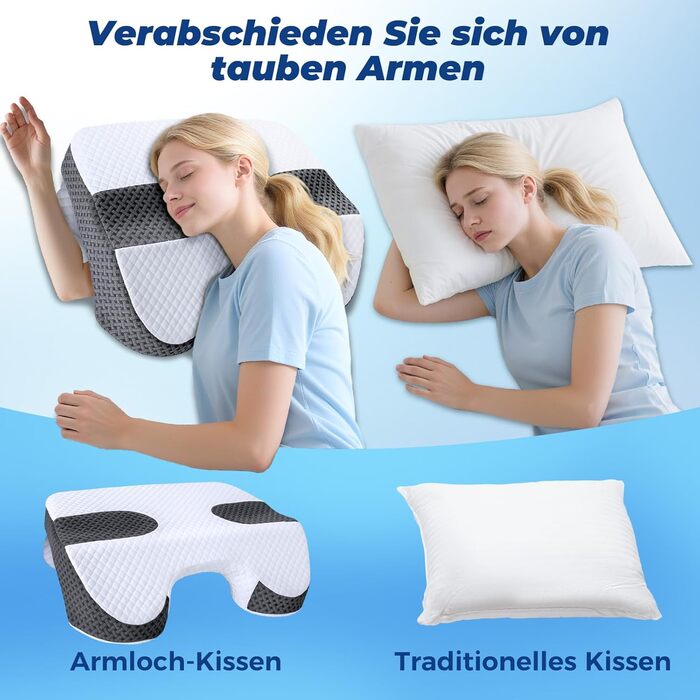 Подушка SAHEYER для сну на боці з проймою, ергономічна ортопедична подушка 2-в-1 для шиї та плечей, подушка з піни з ефектом пам&39яті з 3 проймами для сну на боці, спині та животі, чорно-білий колір