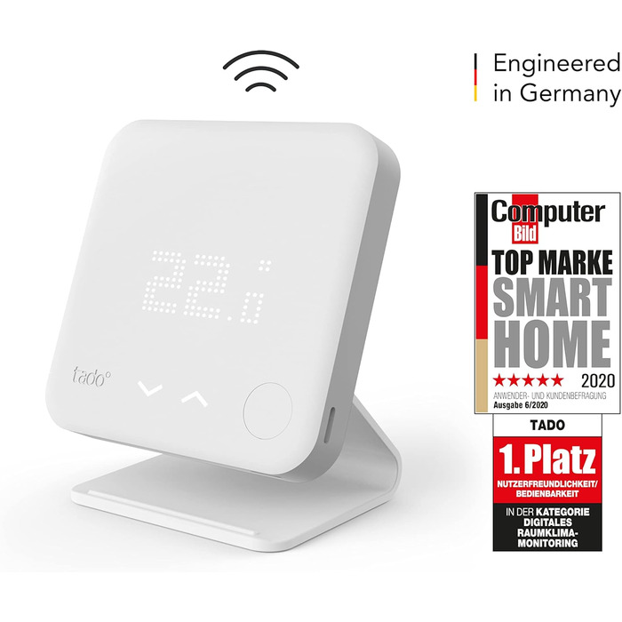 Розумний домашній термостат tado (бездротовий) Wifi Starter Kit V3 із підставкою цифрове керування опаленням для котлів легке встановлення сумісний із Alexa, Siri та Google Assistant