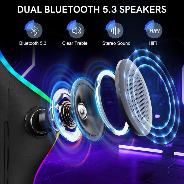 Ігрове крісло з RGB LED та Bluetooth-динаміком, ергономічне ігрове крісло з підставкою для ніг, підголівником, поперековою опорою, кутом нахилу 90135, ПК-крісло для підлітків та дорослих (чорне) Чорний колір зі світлодіодним підсвічуванням та Bluetooth