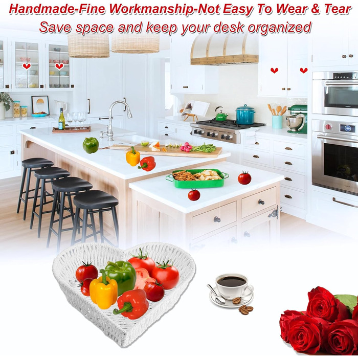 Білий кошик з ротанга у формі серця - плетений кошик ручної роботи для зберігання хліба, фруктів, овочів та прикрас - аксесуари для дому