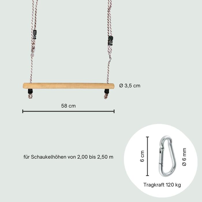 Гойдалка-трапеція h2i турнік з регульованою по висоті мотузкою та карабіном для підвішування дерев'яні гойдалки дитячі гойдалки на