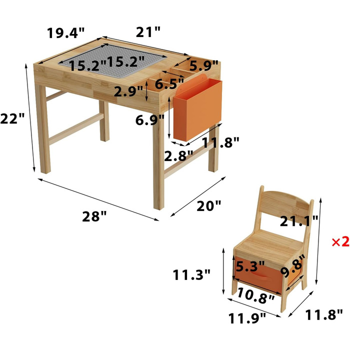 Дитячий стіл з 2 стільцями стіл-конструктор з натурального дерева, ігровий стіл з шухлядою та тканинною сумкою, дерев&39яні дитячі меблі 7556 см для дитячих кімнат, творчої гри та навчання