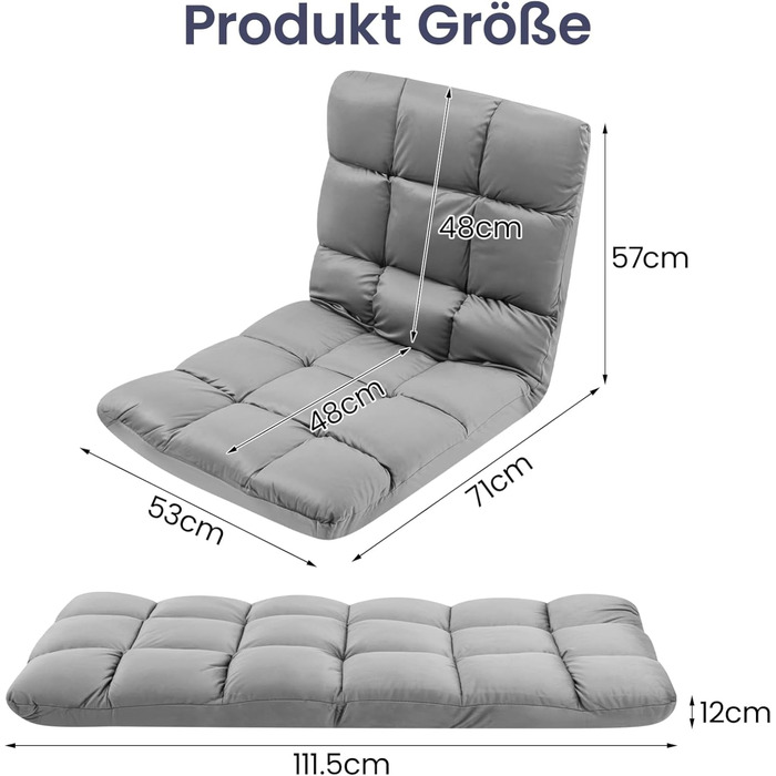 Розкладне крісло для підлоги, диван-лінивець з регульованою спинкою, крісло-реклайнер, складна поверхня для сидіння та лежання, розкладне крісло для підлоги, диван-лінивець, крісло-реклайнер для вітальні, офісу, для медитації (сірий)
