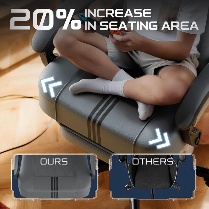 Ергономічне ігрове крісло Verdego з функцією масажу, підголівником та підставкою для ніг, штучна шкіра, регульована спинка 90-145, регульована висота 10 см, ігрове крісло, сіро-чорна штучна шкіра