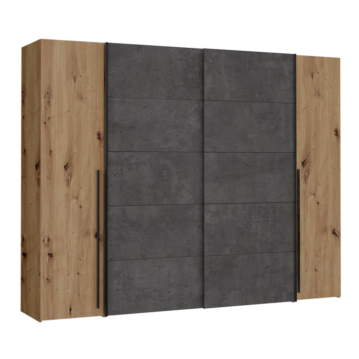 Шафа Forte Narago 270, шафа з розсувними дверима та дверцятами на петлях, дерев&39яний декор Artisan Oak у поєднанні з сірим кольором, 270,3 см завширшки x 210,5 см заввишки x 61,2 см завглибшки. Імітація дуба Artisan та темного бетону 270 x 210. Без дзер