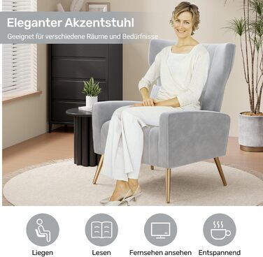 Крісло-рекордер/односпальний диван/крісло під телевізор/крісло-підголовник з підголівником та золотистими металевими ніжками, оксамит, до 130 кг, спальня, вітальня, сірий, комплект з