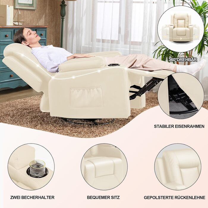 Крісло для телевізора LUCKRACER з розкладним підйомником з функцією відкидання та підставкою для ніг, поворотне на 360 крісло для телевізора для вітальні, крісло-гойдалка з підставками для чашок та бічною кишенею, штучна шкіра, білий поліуретан