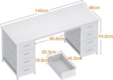 Письмовий стіл Coleshome з 8 шухлядами з тканини, 140x48 см, білий, з місцем для зберігання, універсальний комп&39ютерний стіл, офісний стіл, ПК-стіл, офісний стіл для офісу, вітальні, домашнього офісу, 140x48 см, білий