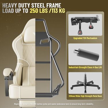 Ігрове крісло Huracan з функцією масажу, ігрове крісло, регульоване та поворотне робоче крісло, ергономічне комп&39ютерне крісло з підставкою для ніг, ігрове крісло зі штучної шкіри, бежевий колір, штучна шкіра, білий колір