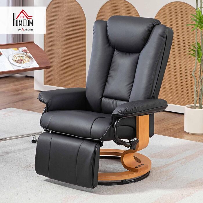 Крісло для телевізора HOMCOM з функцією відкидання, поворотне крісло для телевізора з регульованою спинкою, витримує до 150 кг, штучна шкіра, чорний колір