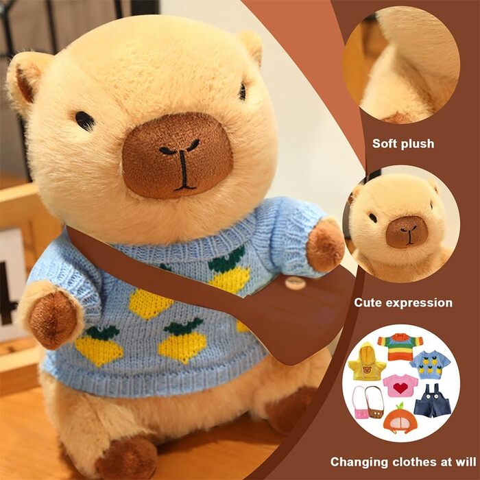 Плюшева іграшка капібара з одягом та аксесуарами, 23 см м&39яка іграшка капібара, мила плюшева капібара, плюшева іграшка капібара-одягальник з капелюхом, 4 предмети одягу, 2 кишені, штани для дітей, дівчаток, хлопчиків