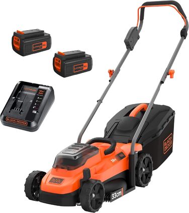 Акумуляторна газонокосарка BlackDecker BCMW3336L2 (36 В, 2,5 Ач, ширина зрізу 33 см, для газонів середнього розміру до 500 м, 5-позиційне регулювання висоти, в комплекті 2 акумулятора, зарядний пристрій, травозбірник на 35 л), помаранчевий/чорний