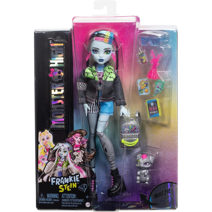 Лялька Monster High Френкі Штайн у джинсовій куртці та шортах, також включає її собаку Вотзі та аксесуари, такі як рюкзак, перекус та блокнот, HXH73