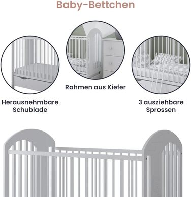 Дитяче ліжечко Kiki Design з шухлядою та матрацом, дитяче ліжечко з поролоновим матрацом 120x60 см, регульована висота, соснова деревина, з мотивом ведмедика - дитяче ліжко - дитяче ліжко - дитячі ліжка - ліжко дитяче колір білий