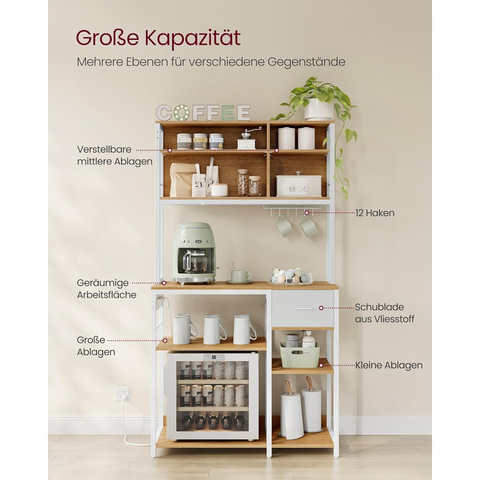 Кухонна полиця VASAGLE з розетками, окремостояча полиця, 40 x 100 x 180,4 см, полиця для випічки, регульовані полиці, шухляда для тканини, 12 гачків, кухня, Золотий дуб-хмарно білий KKS027Y02 40Г x 100Ш см Золотий дуб хмарно білий