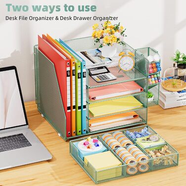 Настільний органайзер Marbrasse з тримачами для файлів, 4-рівневий лоток для листів, відділення, шухляди, підвісний тримач для ручок, сітчастий лоток для паперу для зберігання документів у домашньому офісі (зелений)